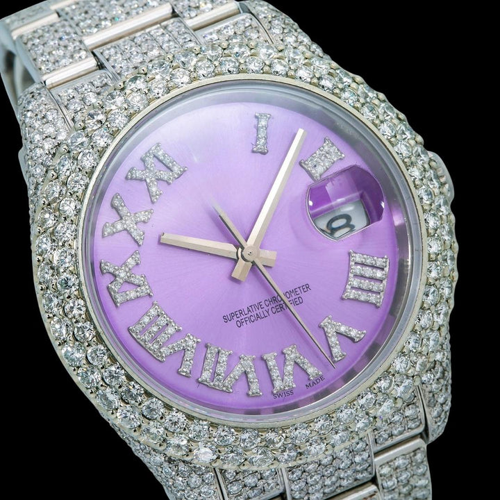 Rolex Datejust Lavender Dial Roman Numerals Fully Iced Out Oyster Bracelet Moissanite Watch Close Up Dial View