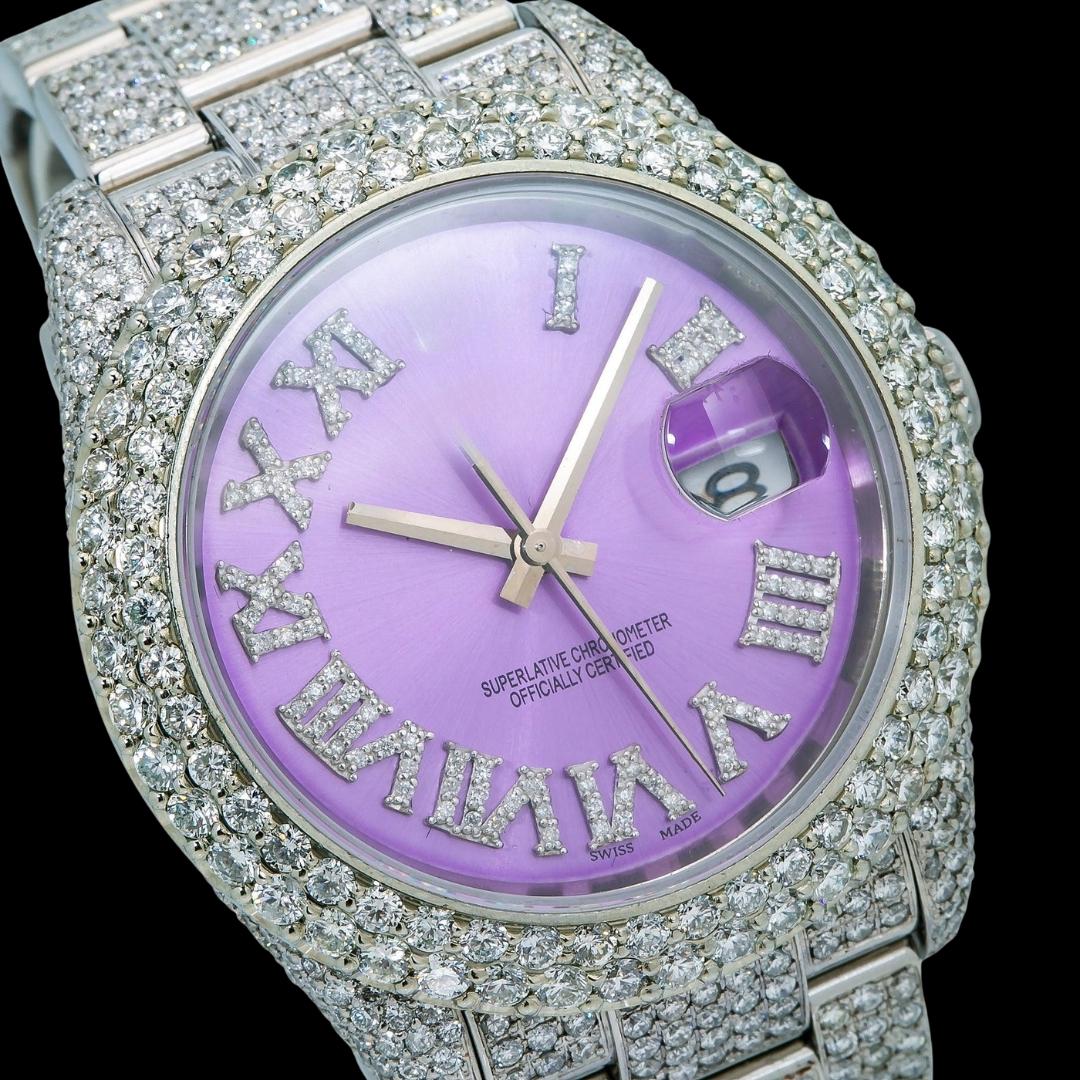 Rolex Datejust Lavender Dial Roman Numerals Fully Iced Out Oyster Bracelet Moissanite Watch Close Up Dial View