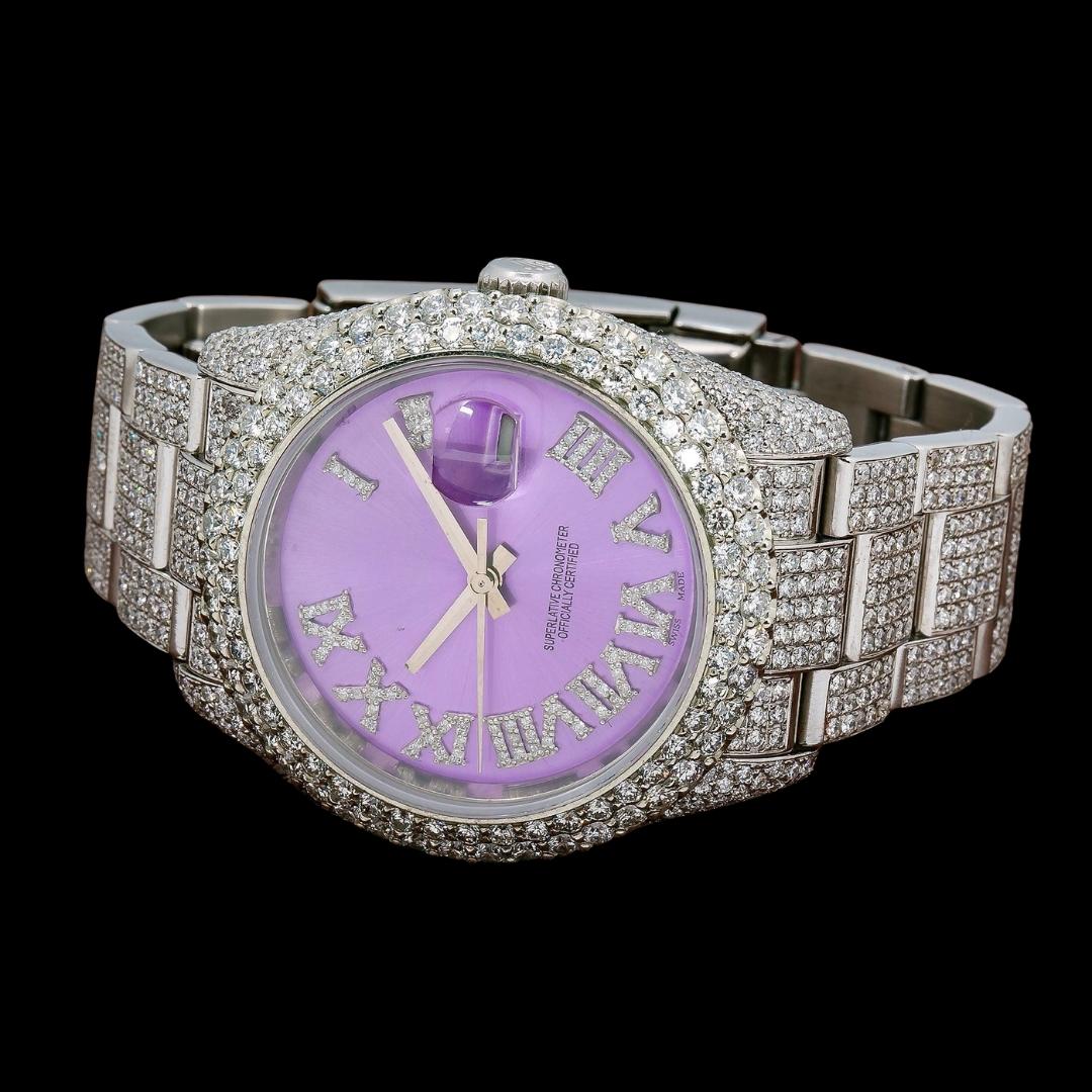 Rolex Datejust Lavender Dial Roman Numerals Fully Iced Out Oyster Bracelet Moissanite Watch Close Up Front View