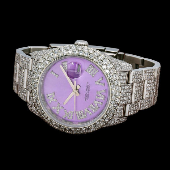 Rolex Datejust Lavender Dial Roman Numerals Fully Iced Out Oyster Bracelet Moissanite Watch Close Up Front View