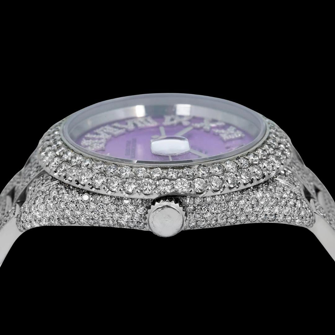 Rolex Datejust Lavender Dial Roman Numerals Fully Iced Out Oyster Bracelet Moissanite Watch Crown View