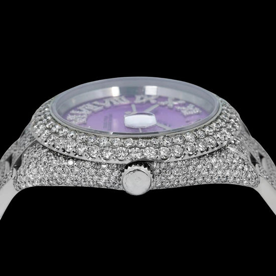 Rolex Datejust Lavender Dial Roman Numerals Fully Iced Out Oyster Bracelet Moissanite Watch Crown View