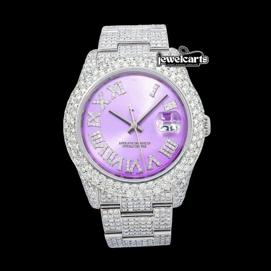 Rolex Datejust Lavender Dial Roman Numerals Fully Iced Out Oyster Bracelet Moissanite Watch Front View