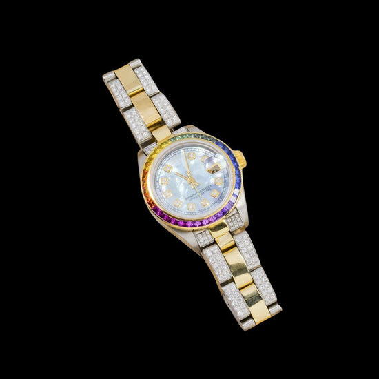 Rolex Datejust Lite Blue Dial Rainbow Diamond Bezel Two Tone Yellow Gold Iced Out Oyster Bracelet Moissanite Watch for Women Close Up Front View