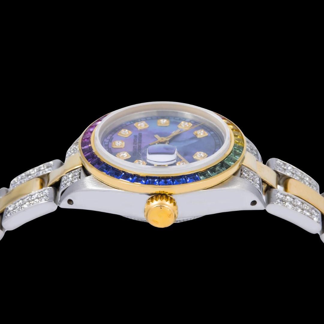 Rolex Datejust Lite Blue Dial Rainbow Diamond Bezel Two Tone Yellow Gold Iced Out Oyster Bracelet Moissanite Watch for Women Crown View