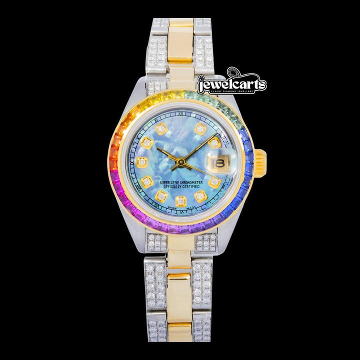 Rolex Datejust Lite Blue Dial Rainbow Diamond Bezel Two Tone Yellow Gold Iced Out Oyster Bracelet Moissanite Watch for Women Front View