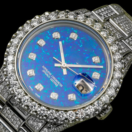 Rolex Datejust Ocean Blue Dial Diamond Markers Fully Iced Out Oyster Bracelet Moissanite Watch Close Up Bezel View
