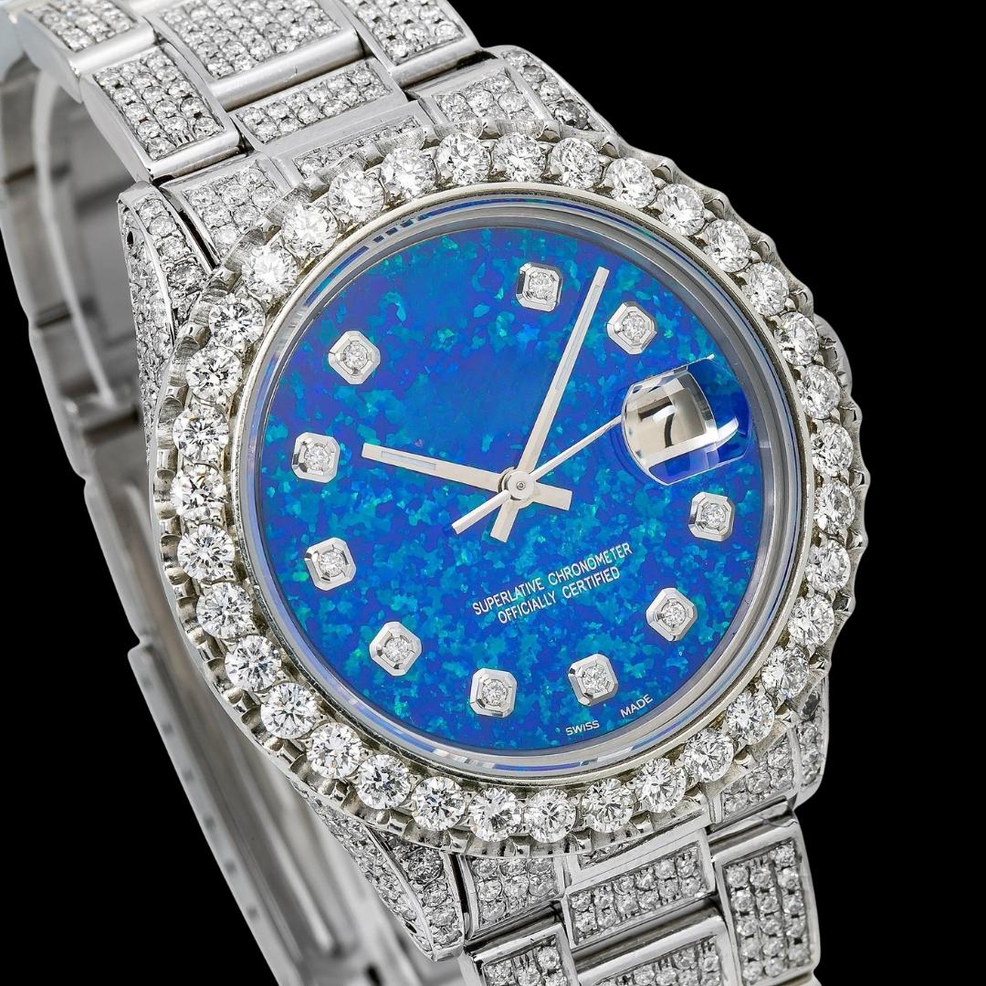 Rolex Datejust Ocean Blue Dial Diamond Markers Fully Iced Out Oyster Bracelet Moissanite Watch Close Up Dial View