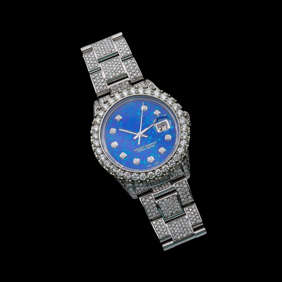 Rolex Datejust Ocean Blue Dial Diamond Markers Fully Iced Out Oyster Bracelet Moissanite Watch Close Up Front View