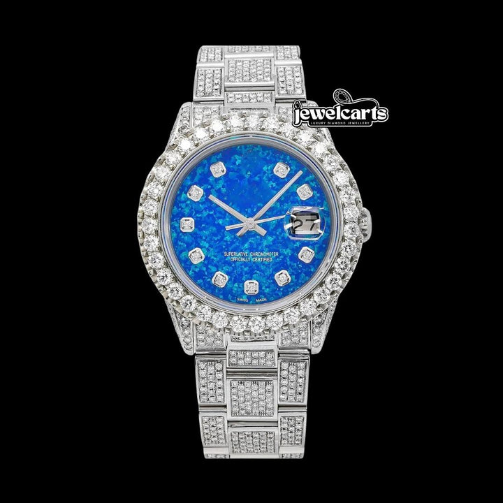 Rolex Datejust Ocean Blue Dial Diamond Markers Fully Iced Out Oyster Bracelet Moissanite Watch Front View