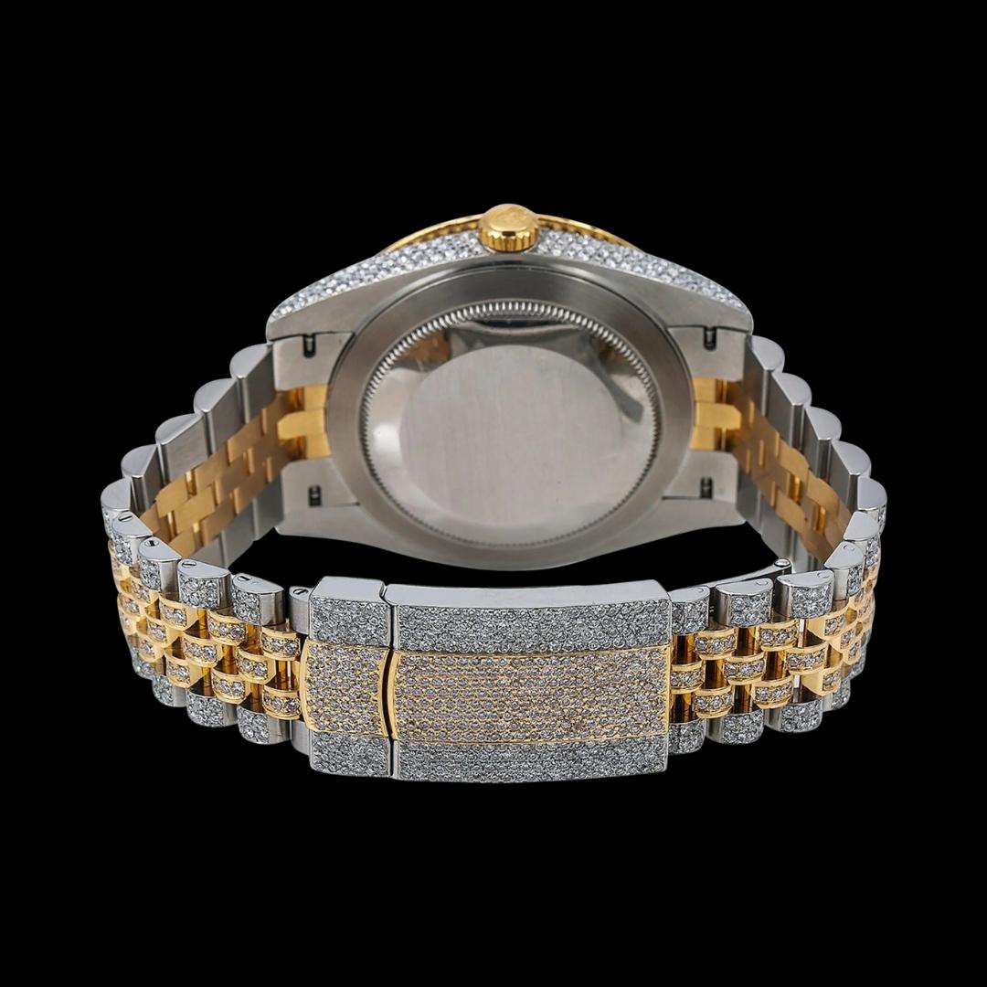 Rolex Datejust Pearl Black Dial Diamond Roman Numerals Two Tone Yellow Gold Iced Out Jubilee Bracelet Watch Caseback View