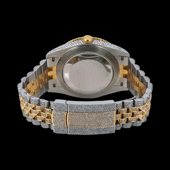 Rolex Datejust Pearl Black Dial Diamond Roman Numerals Two Tone Yellow Gold Iced Out Jubilee Bracelet Watch Caseback View