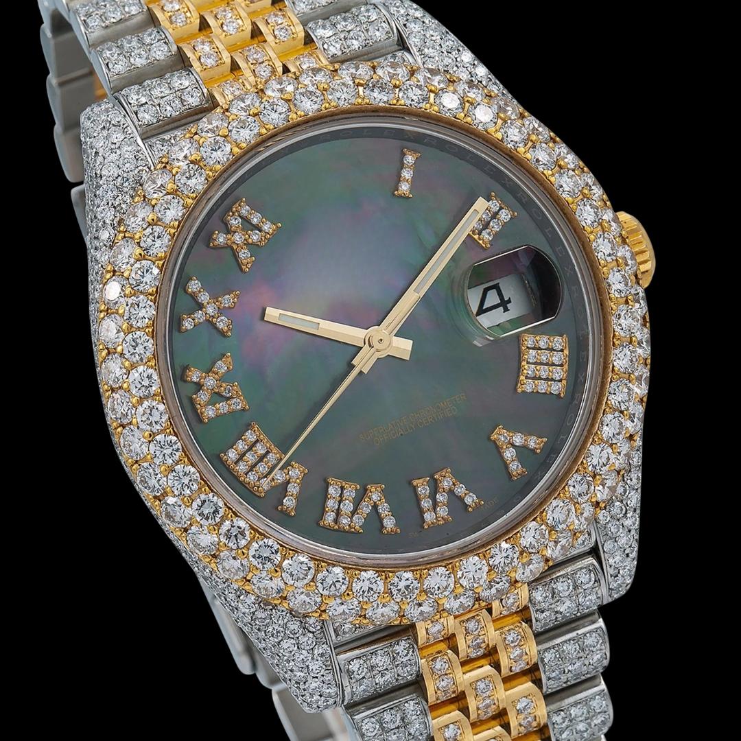 Rolex Datejust Pearl Black Dial Diamond Roman Numerals Two Tone Yellow Gold Iced Out Jubilee Bracelet Watch Close Up Dial View