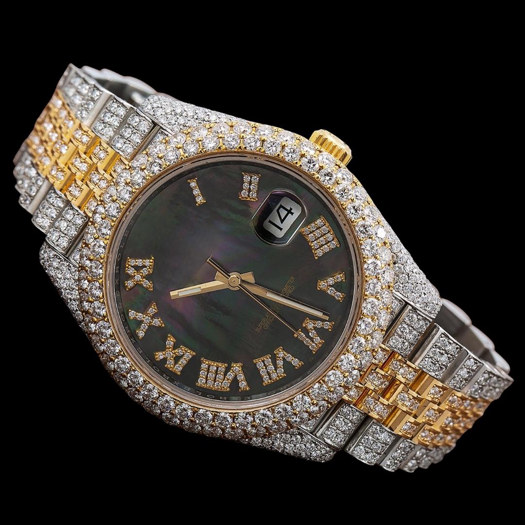 Rolex Datejust Pearl Black Dial Diamond Roman Numerals Two Tone Yellow Gold Iced Out Jubilee Bracelet Watch Close Up Front View