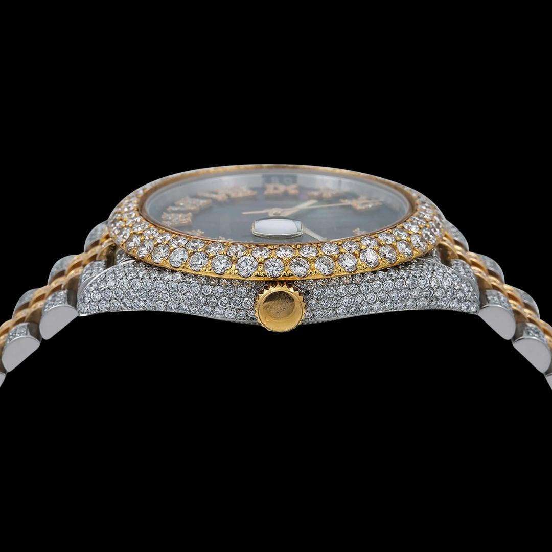 Rolex Datejust Pearl Black Dial Diamond Roman Numerals Two Tone Yellow Gold Iced Out Jubilee Bracelet Watch Crown View