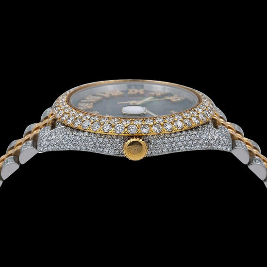 Rolex Datejust Pearl Black Dial Diamond Roman Numerals Two Tone Yellow Gold Iced Out Jubilee Bracelet Watch Crown View