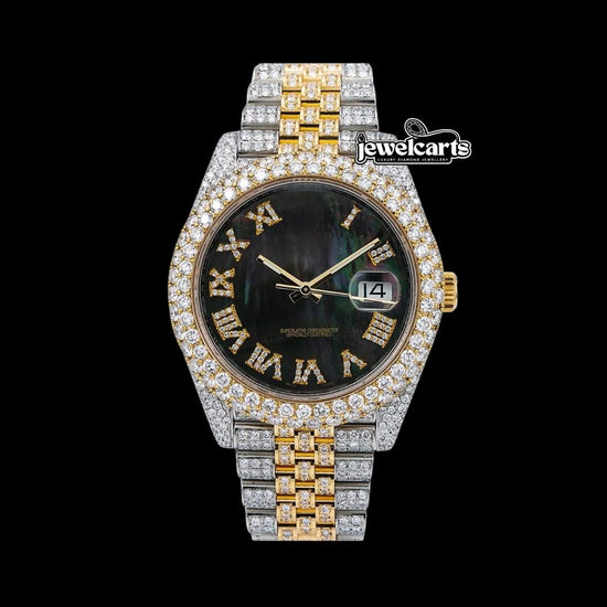 Rolex Datejust Pearl Black Dial Diamond Roman Numerals Two Tone Yellow Gold Iced Out Jubilee Bracelet Watch Front View