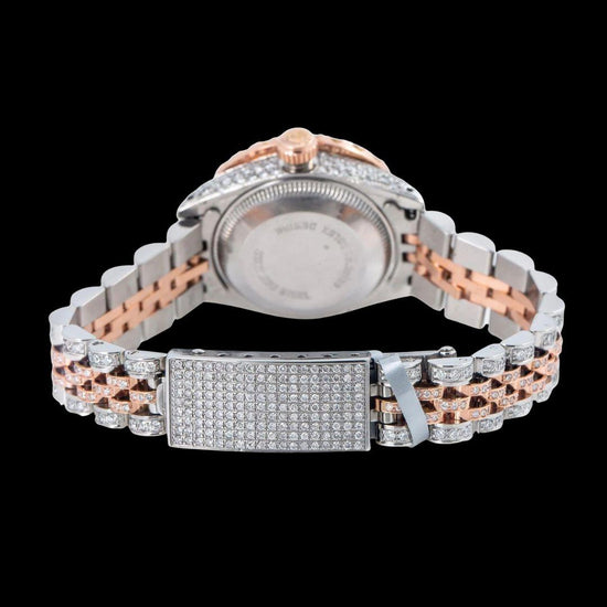 Rolex Datejust Pink Dial Diamond Bezel Two Tone Rose Gold Jubilee Bracelet Iced Out Moissanite Watch Caseback View