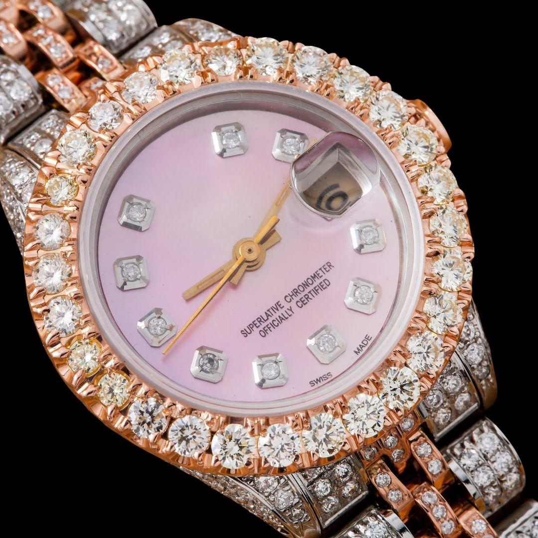 Rolex Datejust Pink Dial Diamond Bezel Two Tone Rose Gold Jubilee Bracelet Iced Out Moissanite Watch Close Up Diamond Markers View