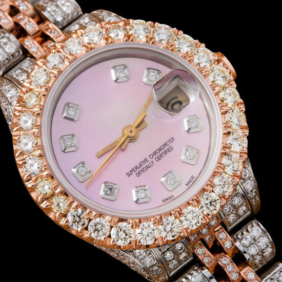 Rolex Datejust Pink Dial Diamond Bezel Two Tone Rose Gold Jubilee Bracelet Iced Out Moissanite Watch Close Up Diamond Markers View