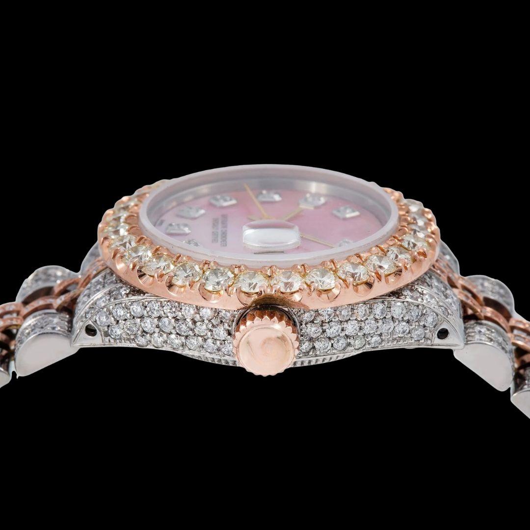 Rolex Datejust Pink Dial Diamond Bezel Two Tone Rose Gold Jubilee Bracelet Iced Out Moissanite Watch Crown View