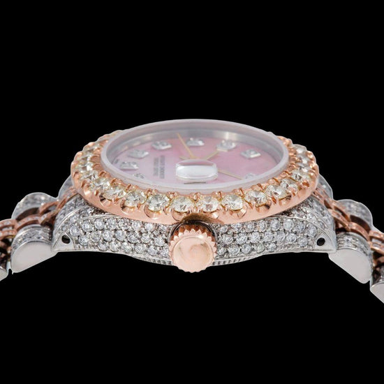 Rolex Datejust Pink Dial Diamond Bezel Two Tone Rose Gold Jubilee Bracelet Iced Out Moissanite Watch Crown View