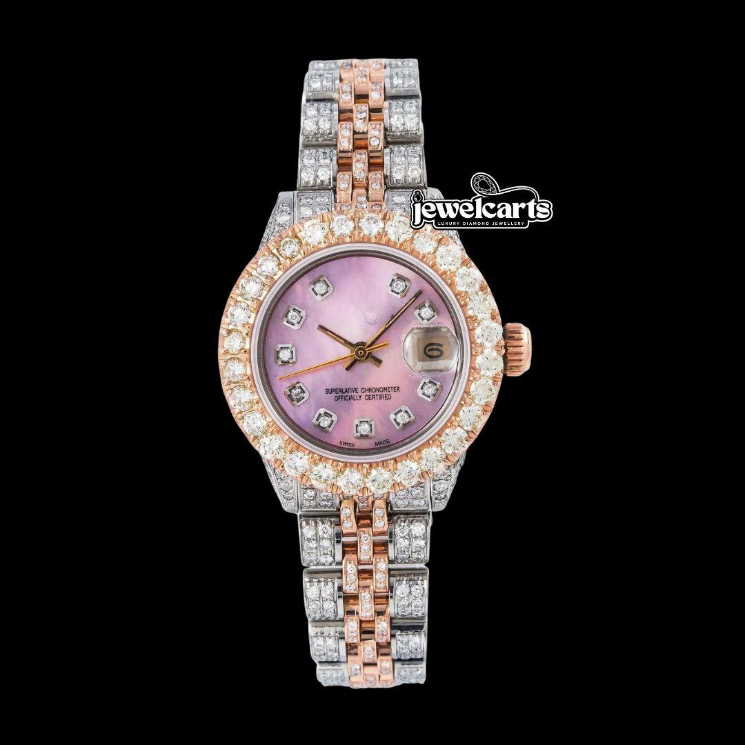 Rolex Datejust Pink Dial Diamond Bezel Two Tone Rose Gold Jubilee Bracelet Iced Out Moissanite Watch Front View