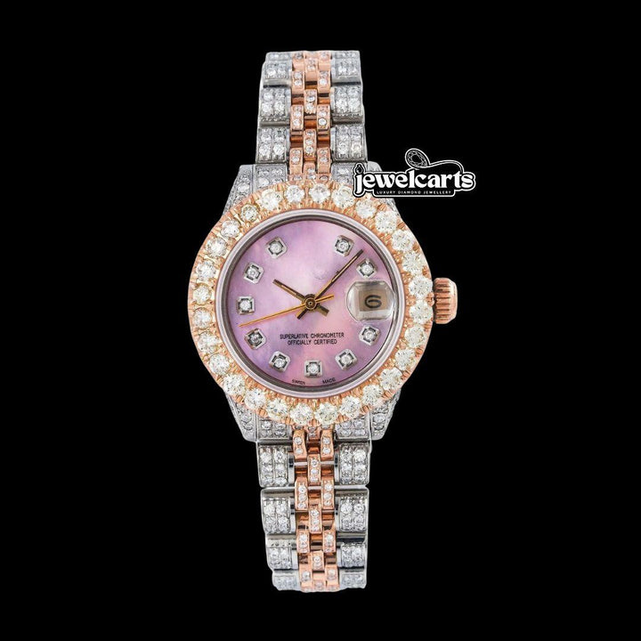 Rolex Datejust Pink Dial Diamond Bezel Two Tone Rose Gold Jubilee Bracelet Iced Out Moissanite Watch Front View