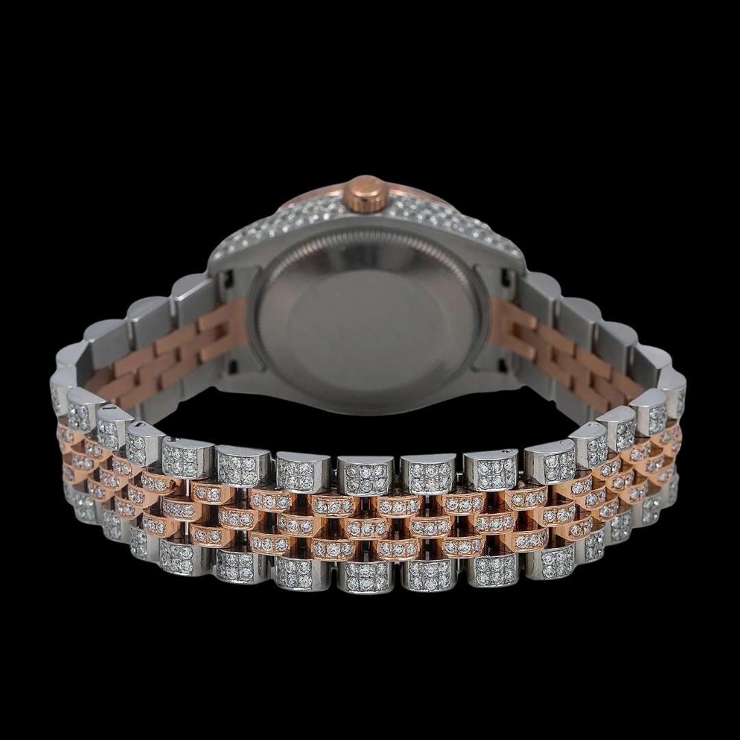 Rolex Datejust Pink Dial Diamond Markers Jubilee Bracelet Two Tone Rose Gold Iced Out Moissanite Watch Caseback View