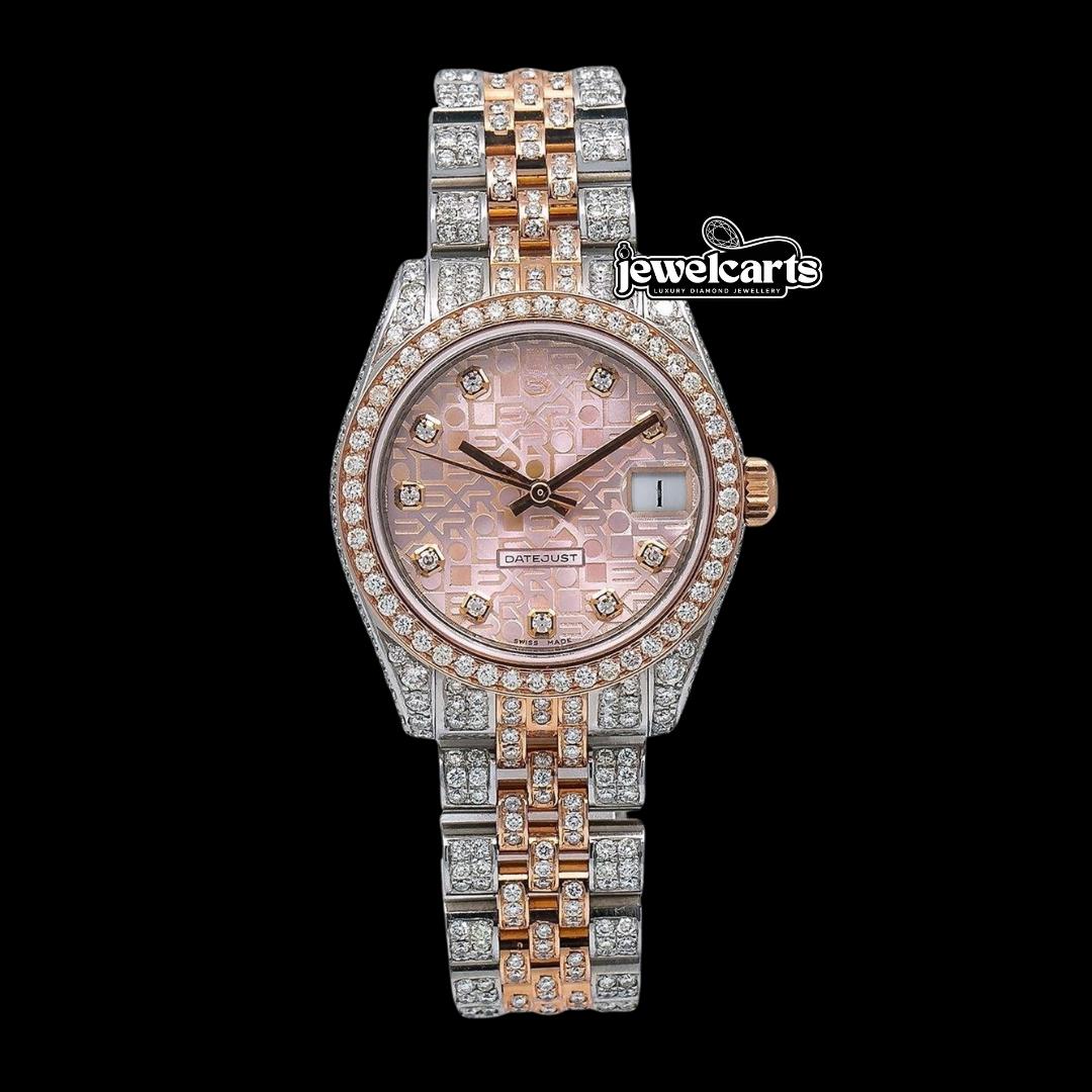 Rolex Datejust Pink Dial Diamond Markers Jubilee Bracelet Two Tone Rose Gold Iced Out Moissanite Watch Front View