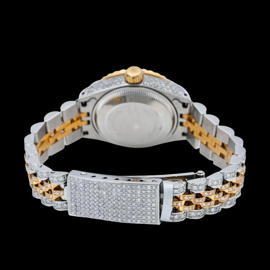 Rolex Datejust Pink Dial Diamond Markers Two Tone Yellow Gold Fully Iced Jubilee Bracelet Moissanite Watch Caseback View