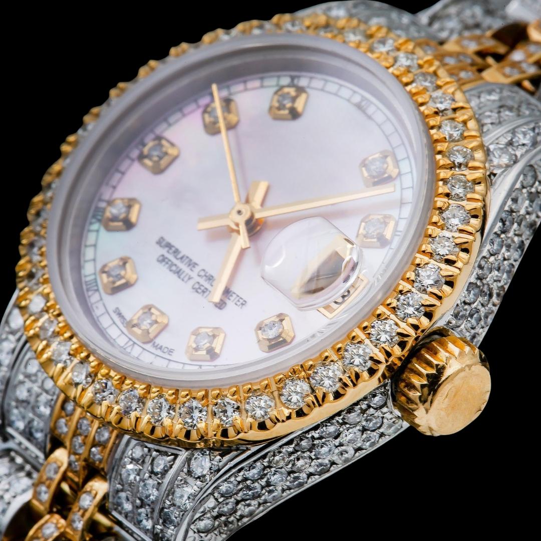 Rolex Datejust Pink Dial Diamond Markers Two Tone Yellow Gold Fully Iced Jubilee Bracelet Moissanite Watch Close Up Bezel View