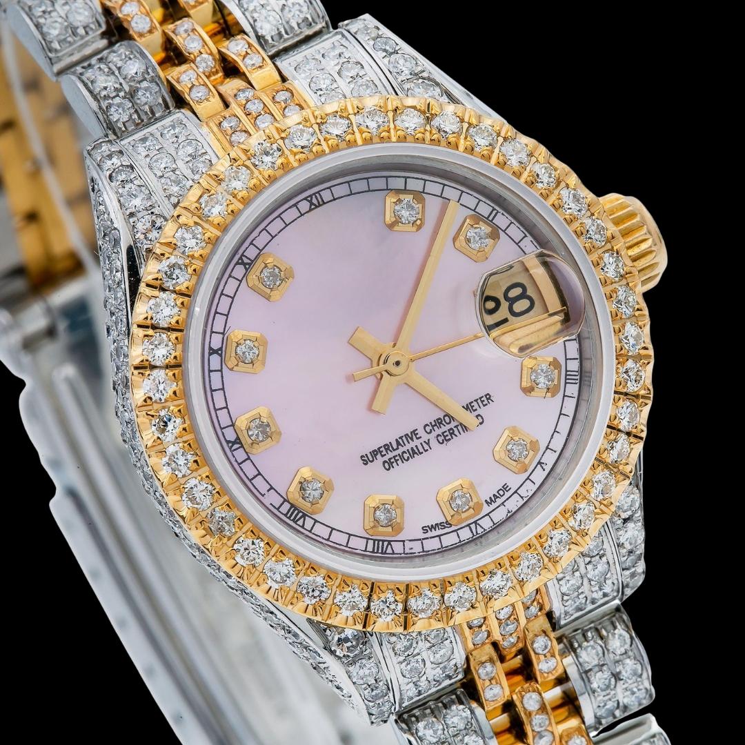 Rolex Datejust Pink Dial Diamond Markers Two Tone Yellow Gold Fully Iced Jubilee Bracelet Moissanite Watch Close Up Dial View