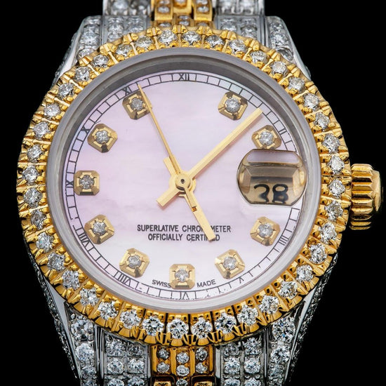 Rolex Datejust Pink Dial Diamond Markers Two Tone Yellow Gold Fully Iced Jubilee Bracelet Moissanite Watch Close Up Diamond Markers View