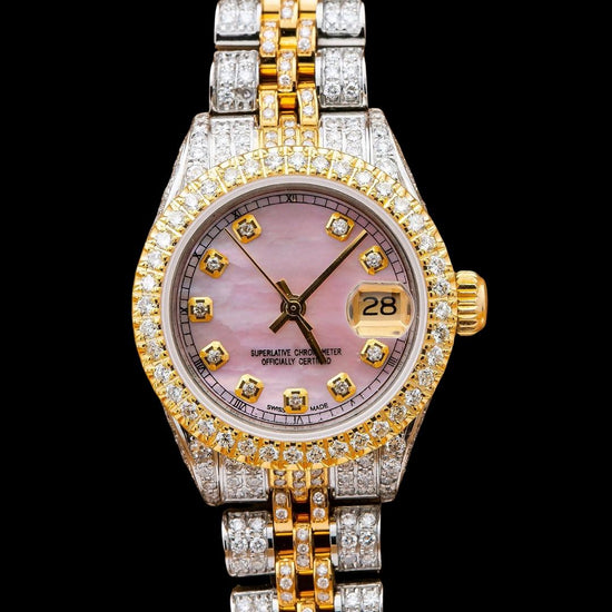 Rolex Datejust Pink Dial Diamond Markers Two Tone Yellow Gold Fully Iced Jubilee Bracelet Moissanite Watch Close Up Front View