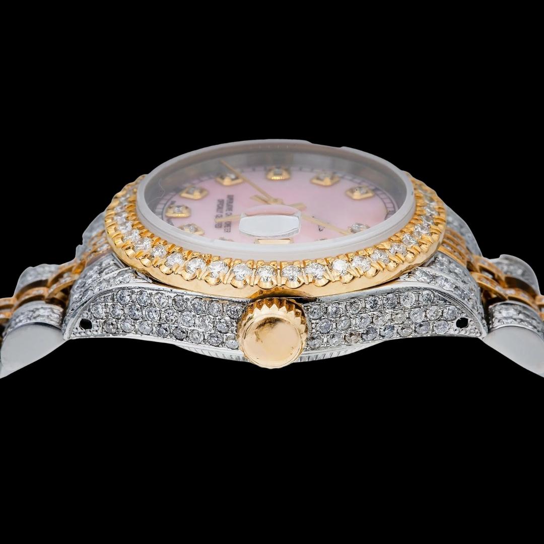 Rolex Datejust Pink Dial Diamond Markers Two Tone Yellow Gold Fully Iced Jubilee Bracelet Moissanite Watch Crown View