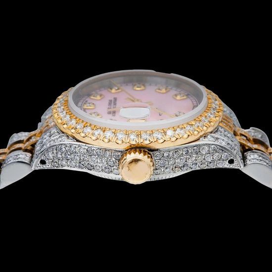 Rolex Datejust Pink Dial Diamond Markers Two Tone Yellow Gold Fully Iced Jubilee Bracelet Moissanite Watch Crown View