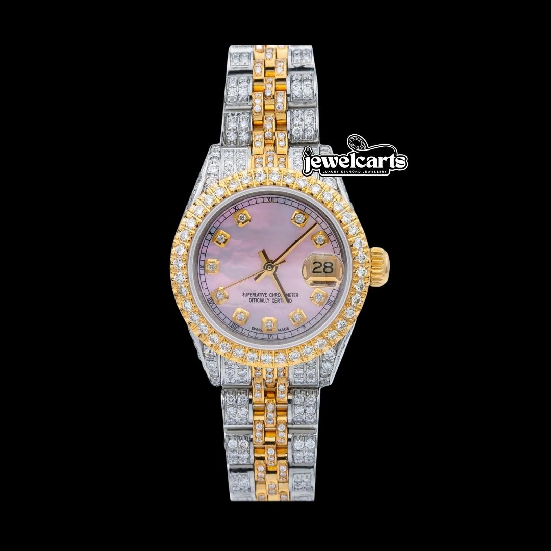 Rolex Datejust Pink Dial Diamond Markers Two Tone Yellow Gold Fully Iced Jubilee Bracelet Moissanite Watch Front View