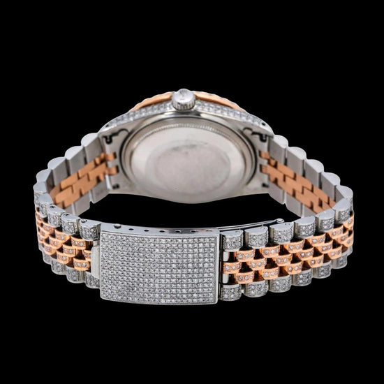 Rolex Datejust Pink Dial Diamond Roman Numerals Two Tone Jubilee Bracelet Rose Gold Moissanite Watch Caseback View
