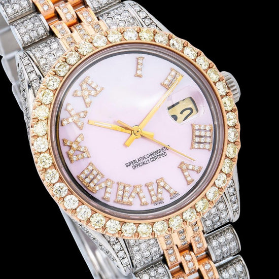 Rolex Datejust Pink Dial Diamond Roman Numerals Two Tone Jubilee Bracelet Rose Gold Moissanite Watch Close Up Dial View