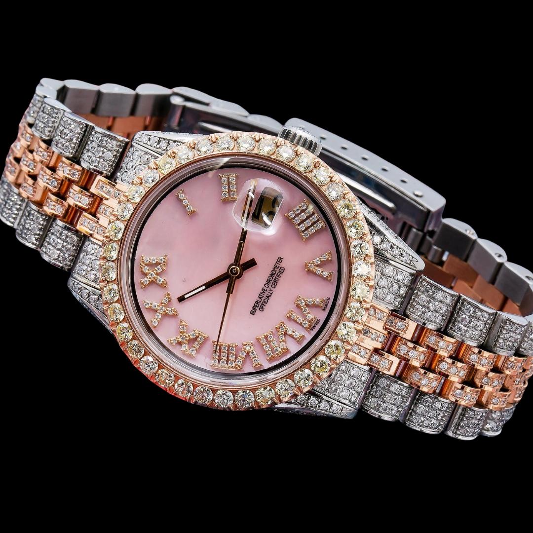 Rolex Datejust Pink Dial Diamond Roman Numerals Two Tone Jubilee Bracelet Rose Gold Moissanite Watch Close Up Front View