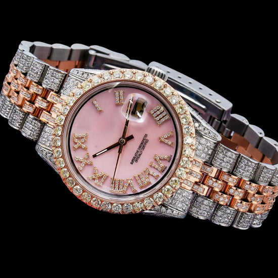 Rolex Datejust Pink Dial Diamond Roman Numerals Two Tone Jubilee Bracelet Rose Gold Moissanite Watch Close Up Front View