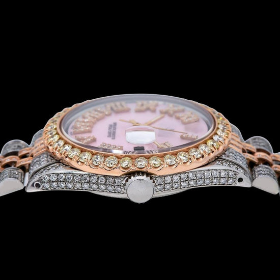Rolex Datejust Pink Dial Diamond Roman Numerals Two Tone Jubilee Bracelet Rose Gold Moissanite Watch Crown View