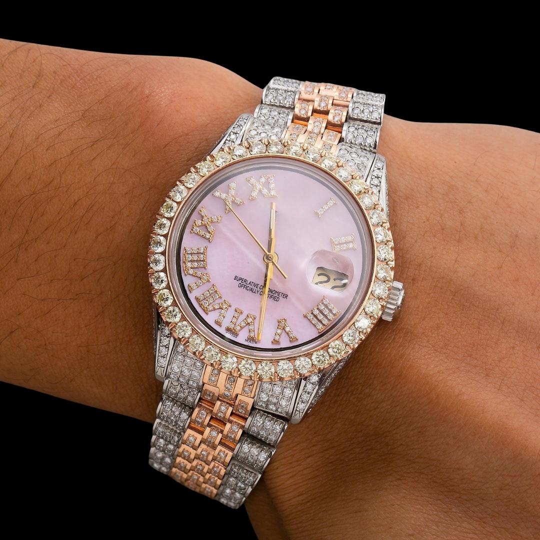 Rolex Datejust Pink Dial Diamond Roman Numerals Two Tone Jubilee Bracelet Rose Gold Moissanite Watch On Wrist View