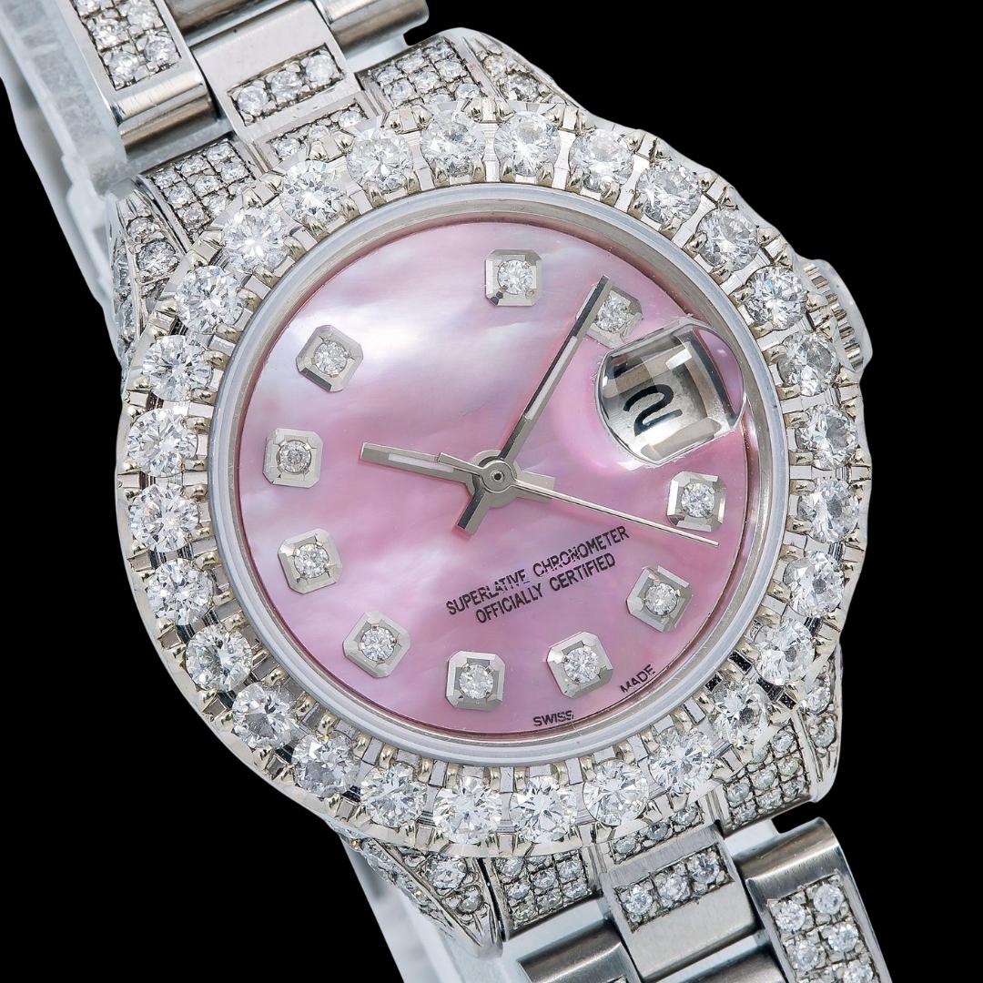 Rolex Datejust Pink Mother of Pearl Dial Diamond Markers Iced Out Oyster Strap Moissanite Watch for Women Close Up Dial View