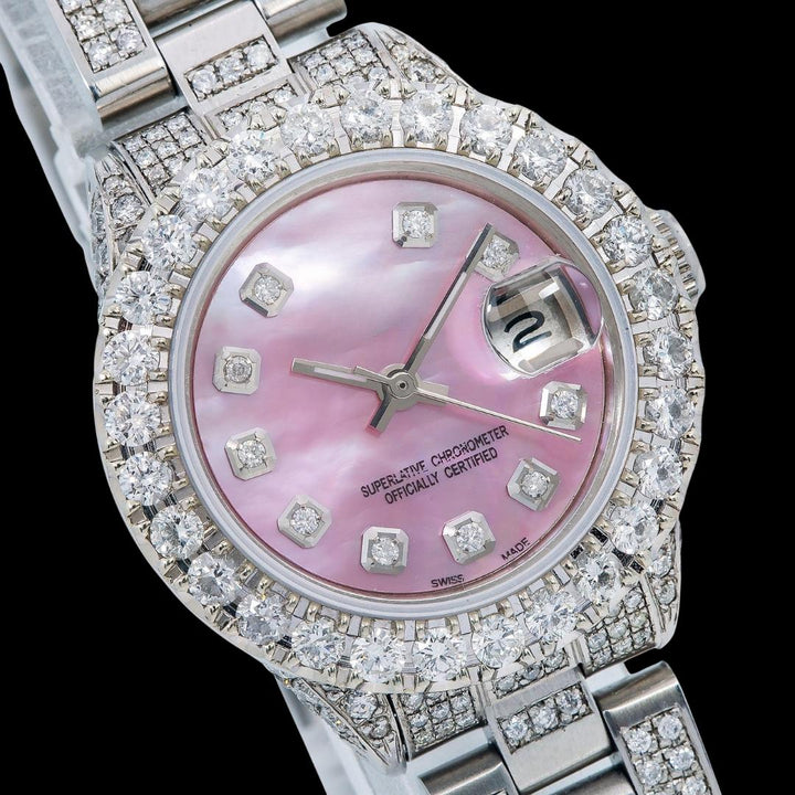Rolex Datejust Pink Mother of Pearl Dial Diamond Markers Iced Out Oyster Strap Moissanite Watch for Women Close Up Dial View