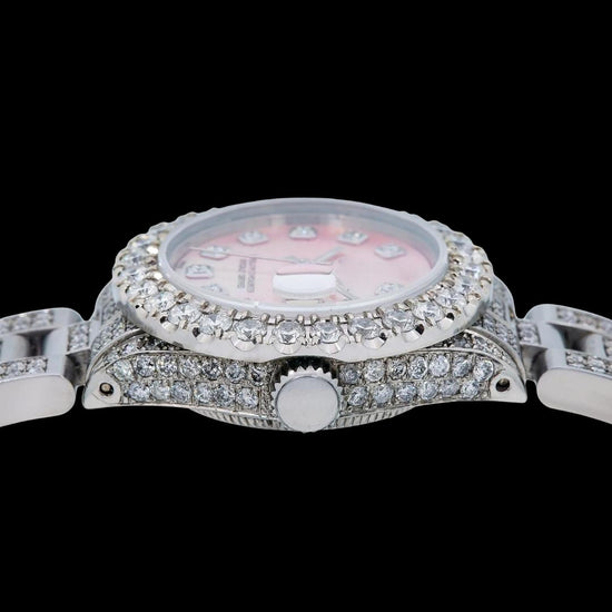 Rolex Datejust Pink Mother of Pearl Dial Diamond Markers Iced Out Oyster Strap Moissanite Watch for Women Crown View