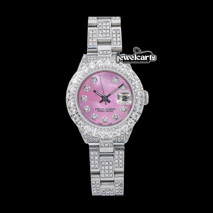 Rolex Datejust Pink Mother of Pearl Dial Diamond Markers Iced Out Oyster Strap Moissanite Watch for Women Front View