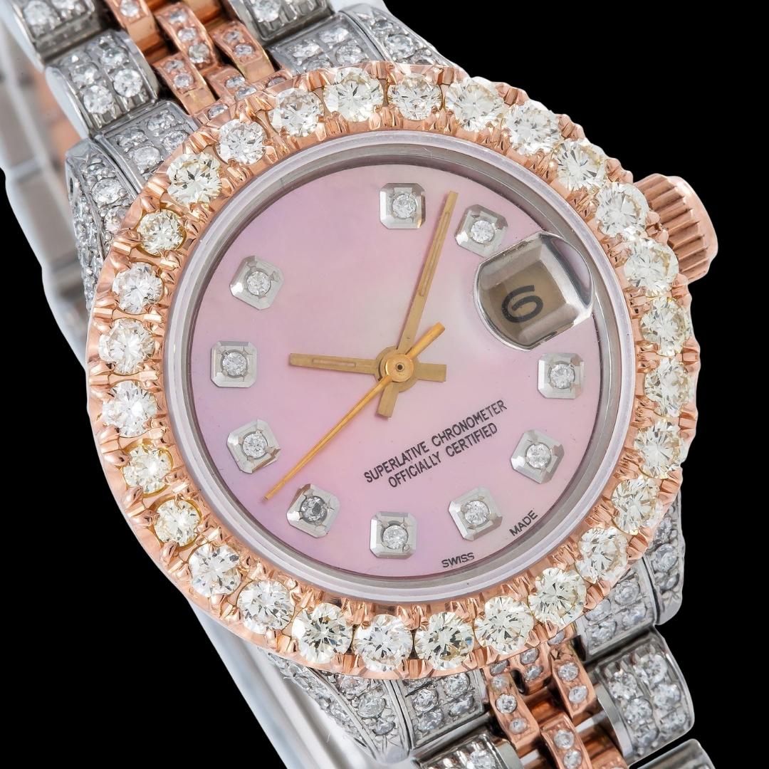 Rolex Datejust Pink Pearl Diamond Dial Two Tone Rose Gold Full Iced Out Jubilee Bracelet Moissanite Watch Close Up Dial View