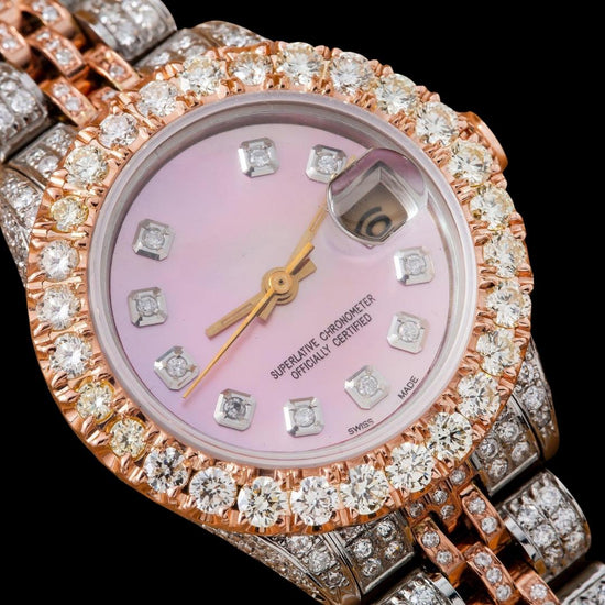 Rolex Datejust Pink Pearl Diamond Dial Two Tone Rose Gold Full Iced Out Jubilee Bracelet Moissanite Watch Close Up Diamond Markers View